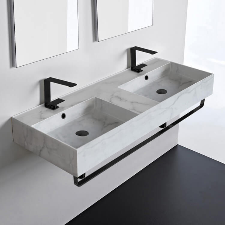 Scarabeo 5143-F-TB-BLK-Two Hole Marble Design Ceramic Wall Mounted Double Sink With Matte Black Towel Holder